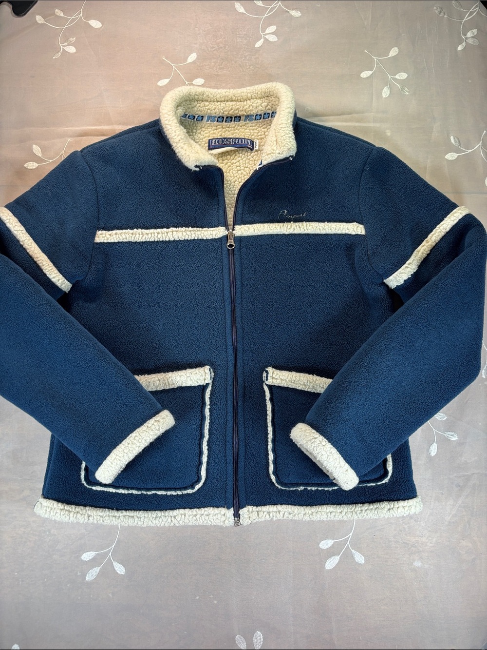 VTG Flosport Navy Blue Fleece Jacket with Cream Sherpa Trim Woman Sz M Comfy